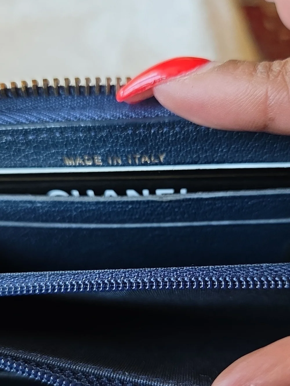 CHANEL Navy Quilted Patent Leather Zip Small Wallet with Gold CC